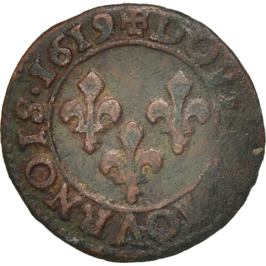 France, Louis XIII, Double tournois, buste enfantin, 1619, Poitiers, KM 43.3