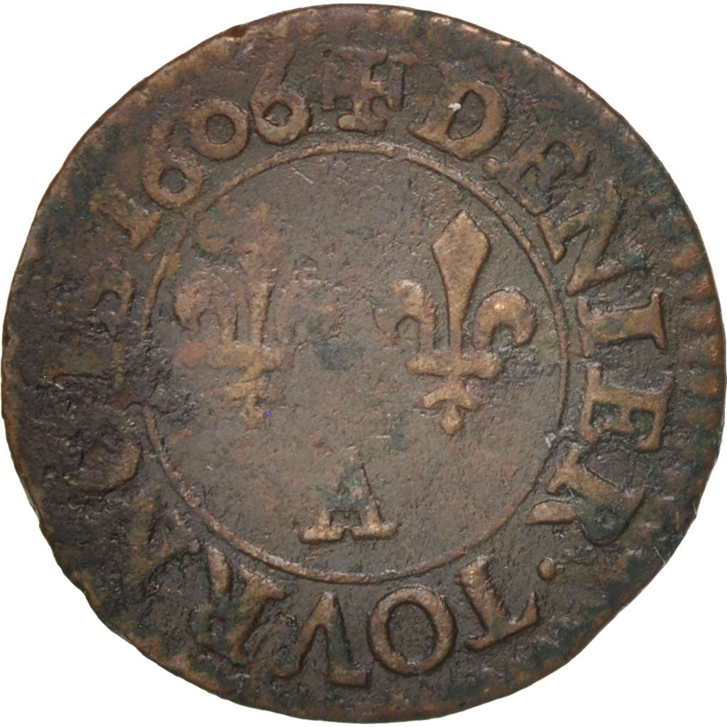 Coin, France, Henri IV, Denier Tournois, 1606, Paris, VF(20-25), Copper, KM:15