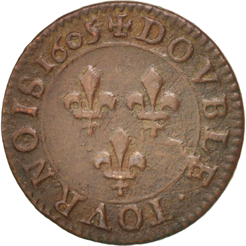 France, Henri IV, Double Tournois, 1605, Paris, VF(20-25), Copper, KM:16.1
