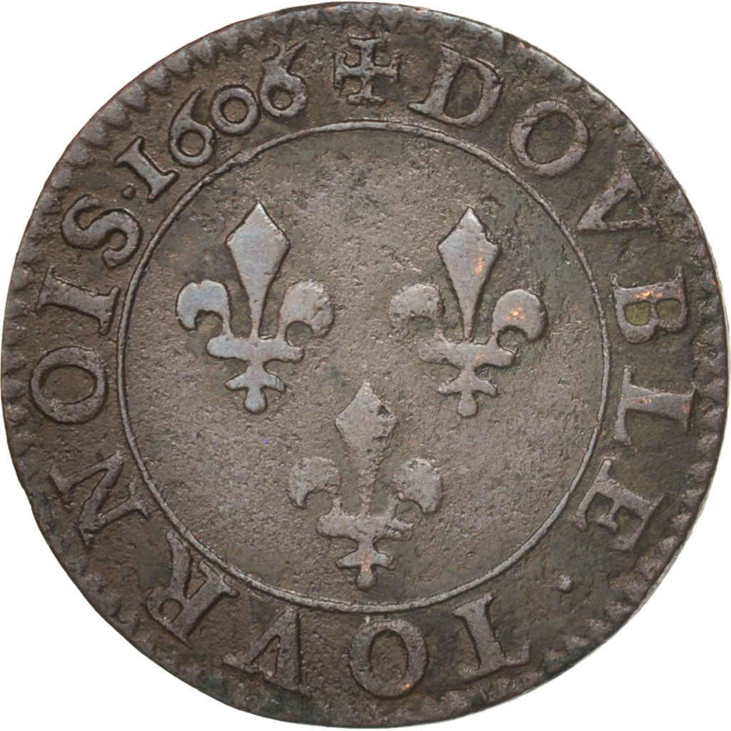 France, Henri IV, Double Tournois, 1606, Paris, EF(40-45), Copper, KM:16.1