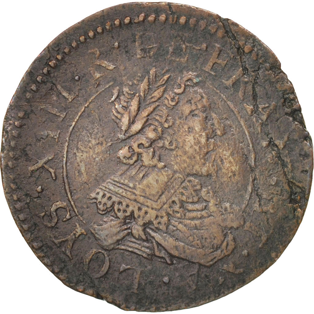 Louis XIII, Double Tournois, 1635, Stenay, VF(30-35), Copper, Gadoury:9a