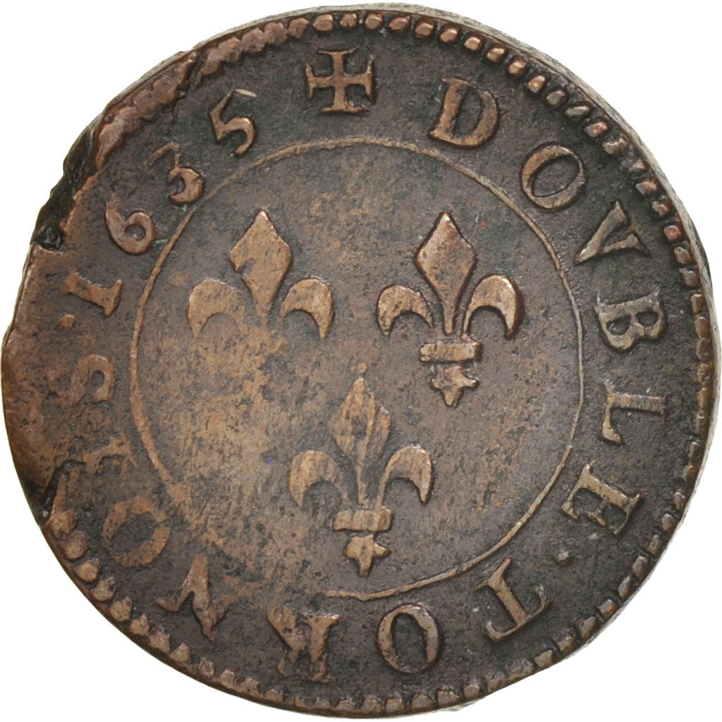 Louis XIII, Double Tournois, 1635, Stenay, VF(30-35), Copper, Gadoury:9a