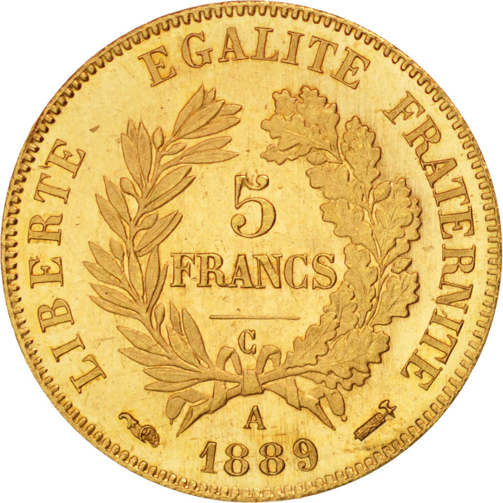 France, Cérès, 5 Francs, 1889, Paris, MS(65-70), Gold, KM:829, Gadoury:1003