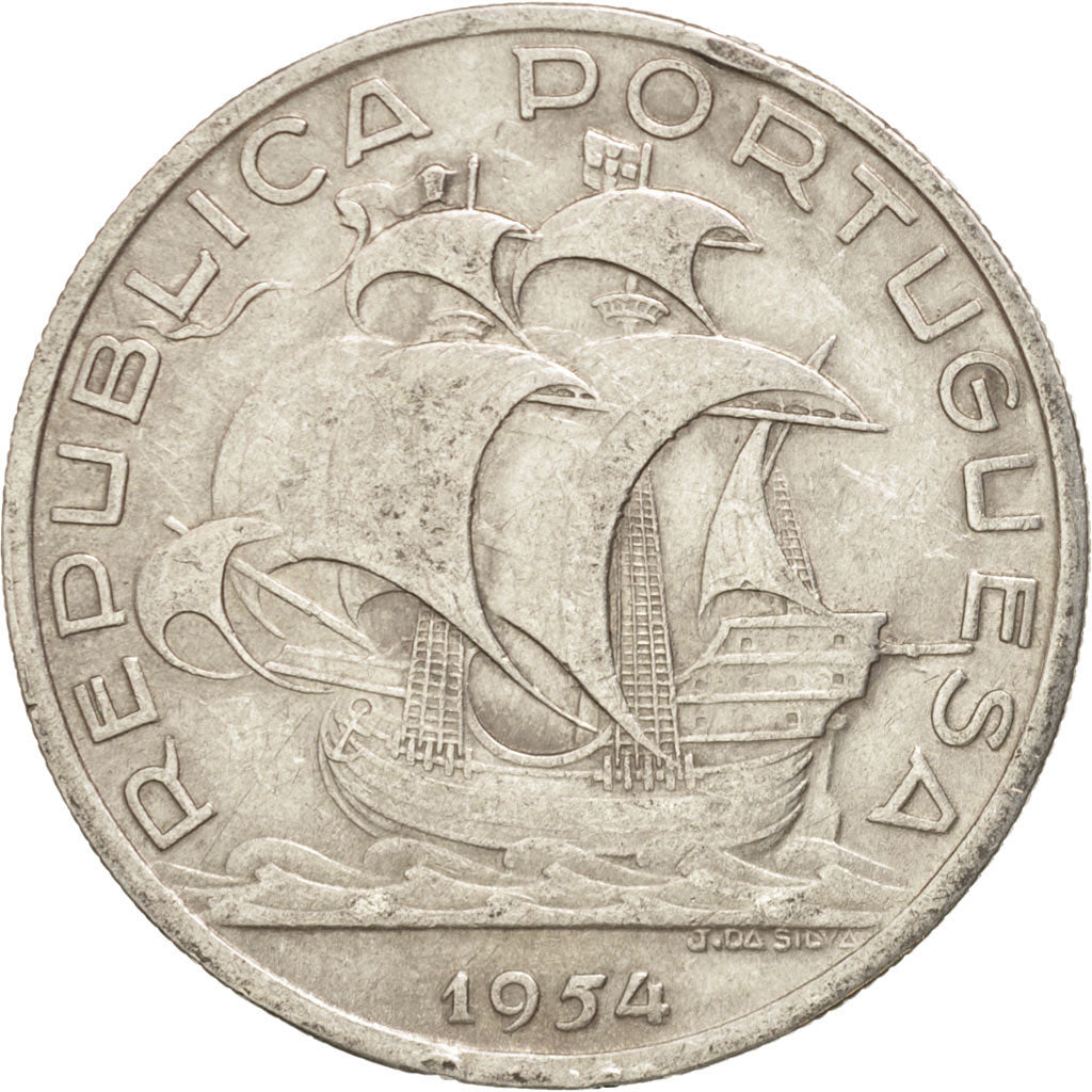 Portugal, 10 Escudos, 1954, EF(40-45), Silver, KM:586
