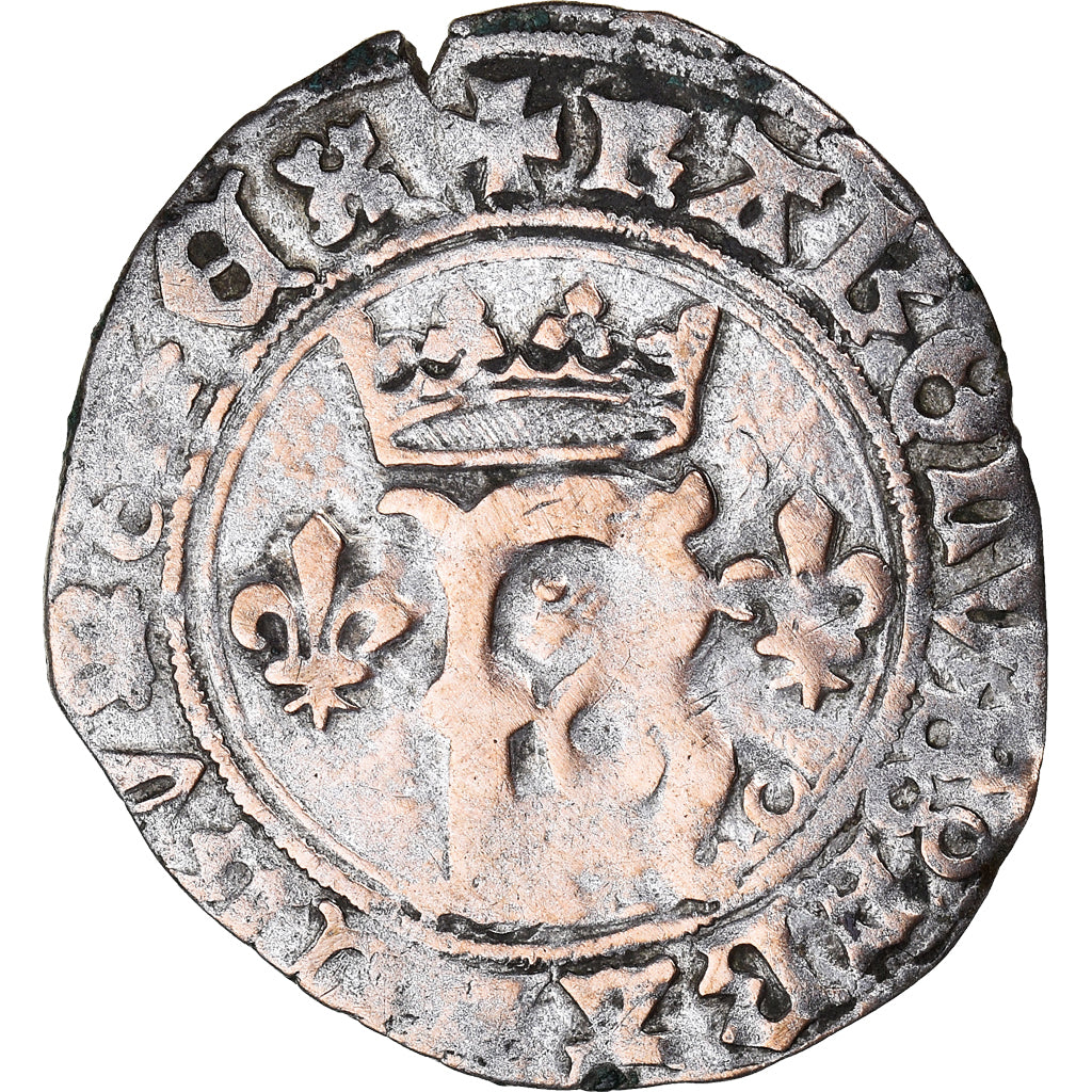 Moeda, França, Charles VIII, Karolus or Dizain, Poitiers, VF(20-25), Lingote