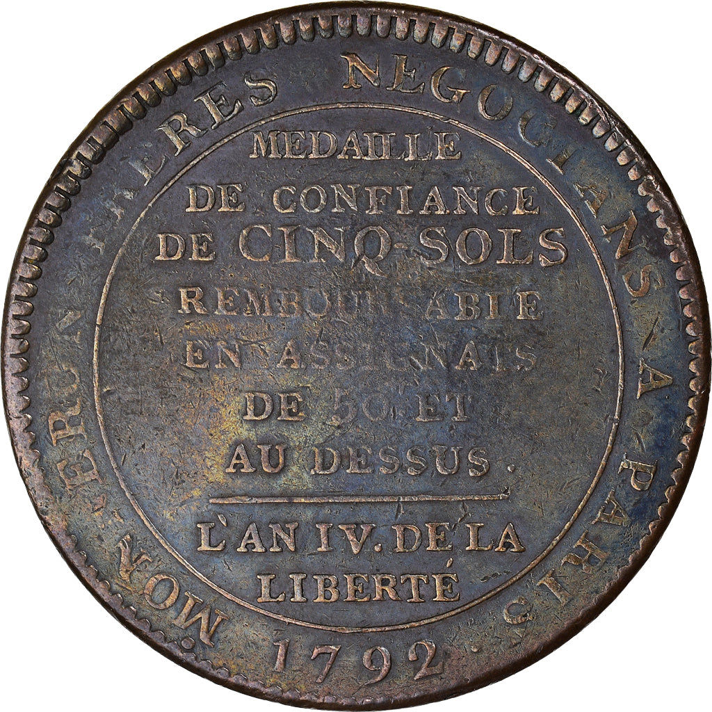 Moeda, França, Au serment, 5 Sols, 1792, Birmingham, VF(30-35), Bronze