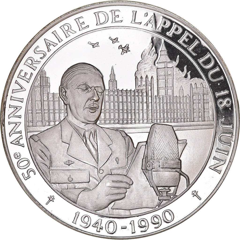 France, Médaille, 50ème Anniversaire de l'Appel du 18 Juin, De Gaulle, 1990