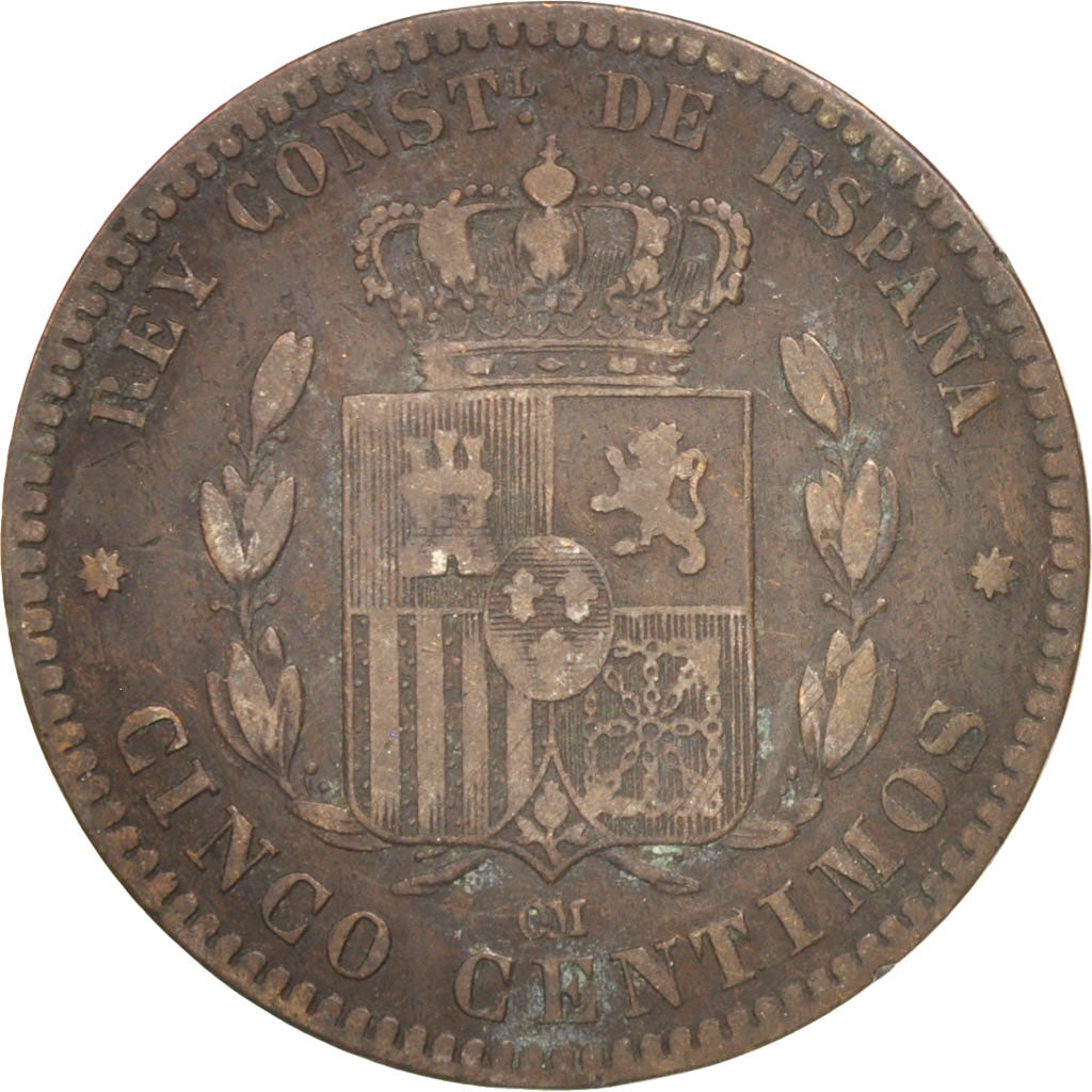 Spain, Alfonso XII, 5 Centimos, 1879, Madrid, VF(30-35), Bronze, KM:674