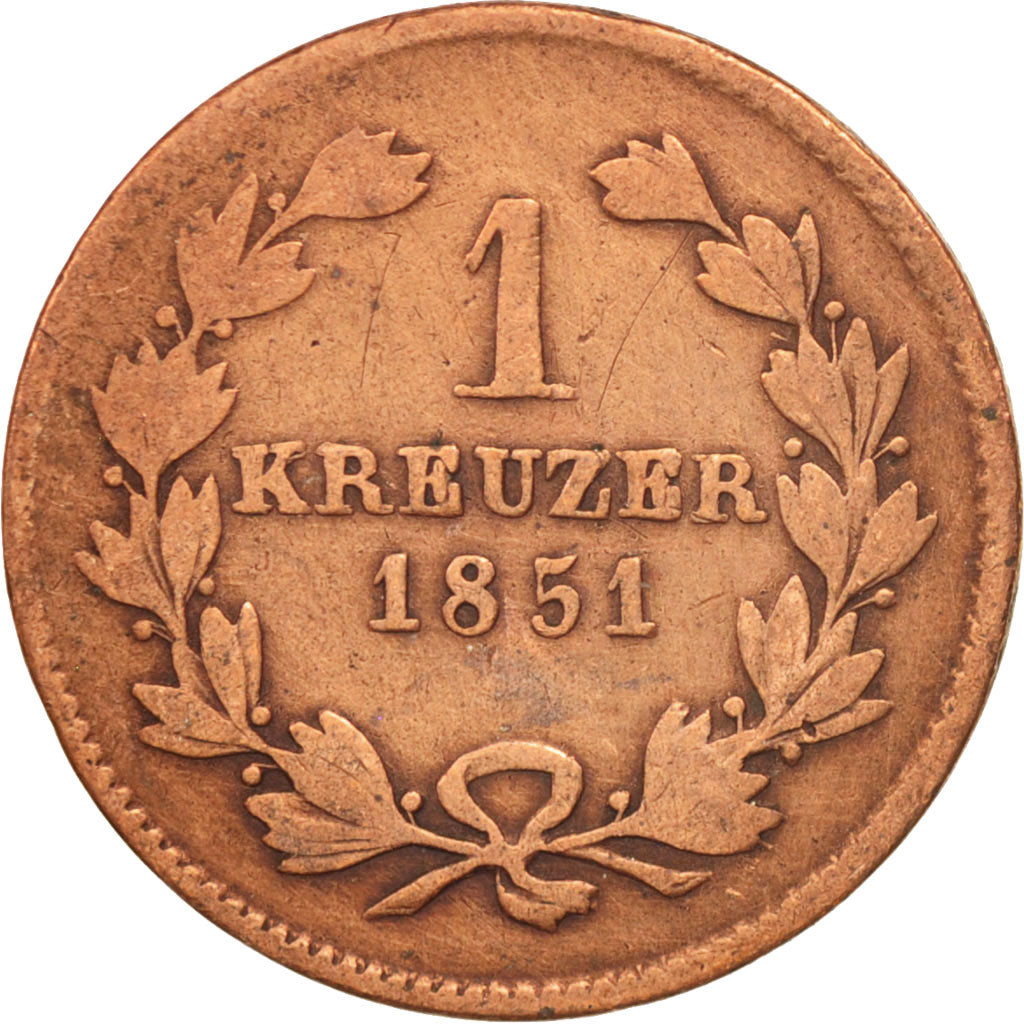 Stati tedeschi, BADEN, Leopold I, Kreuzer, 1851, MB, Rame, KM:218.2