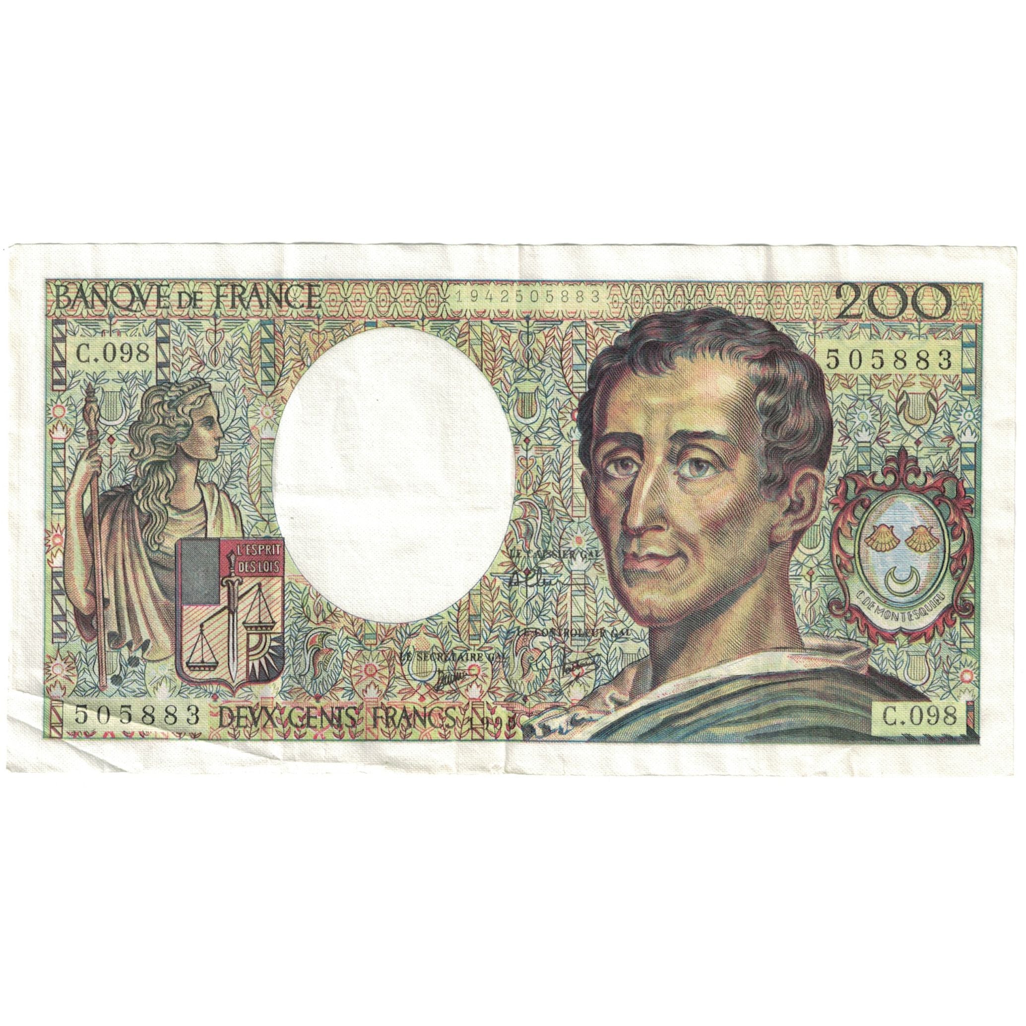 Francja, 200 Francs, Montesquieu, 1990, VF(20-25), Fayette:70.10b, KM:155d