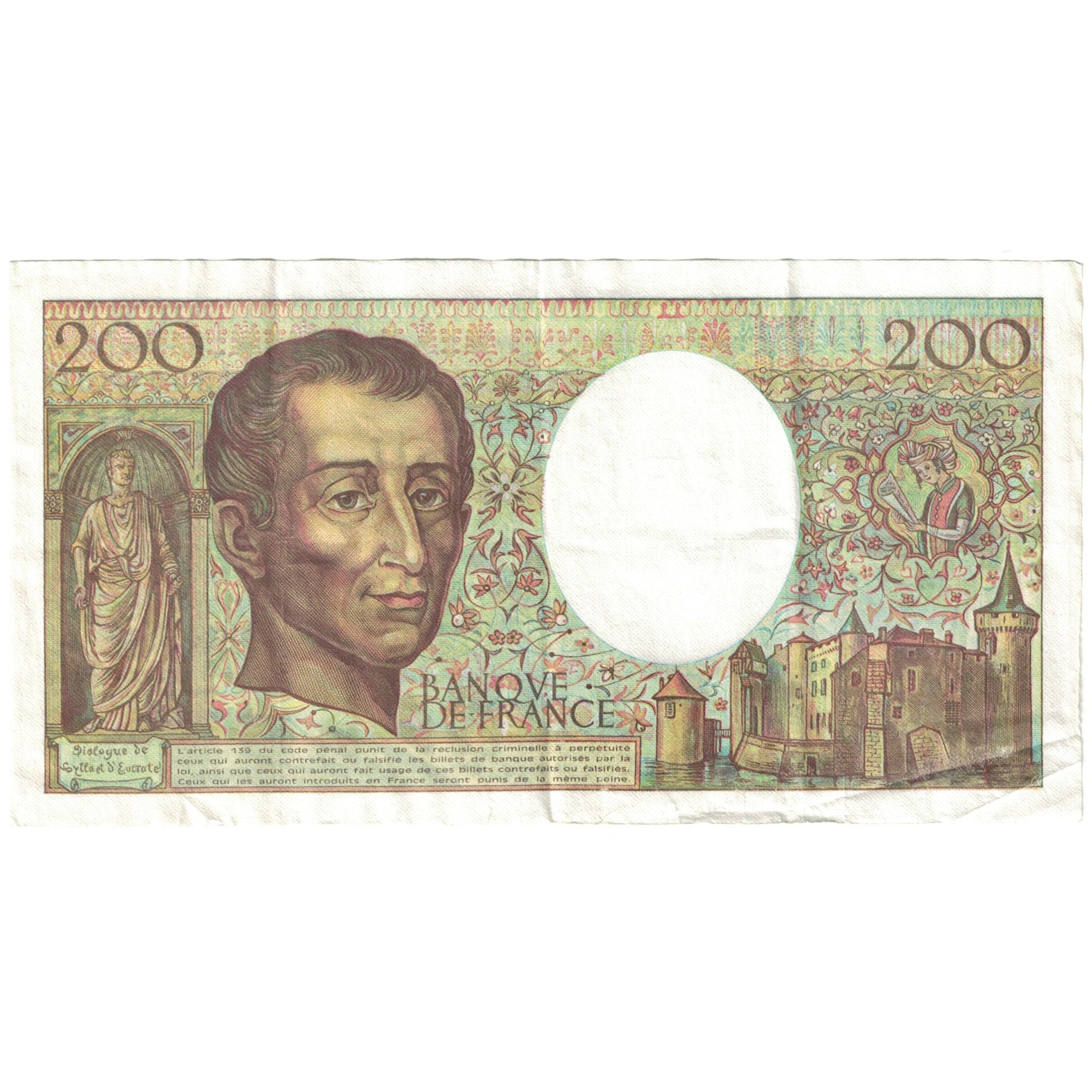 Francja, 200 Francs, Montesquieu, 1990, VF(20-25), Fayette:70.10b, KM:155d