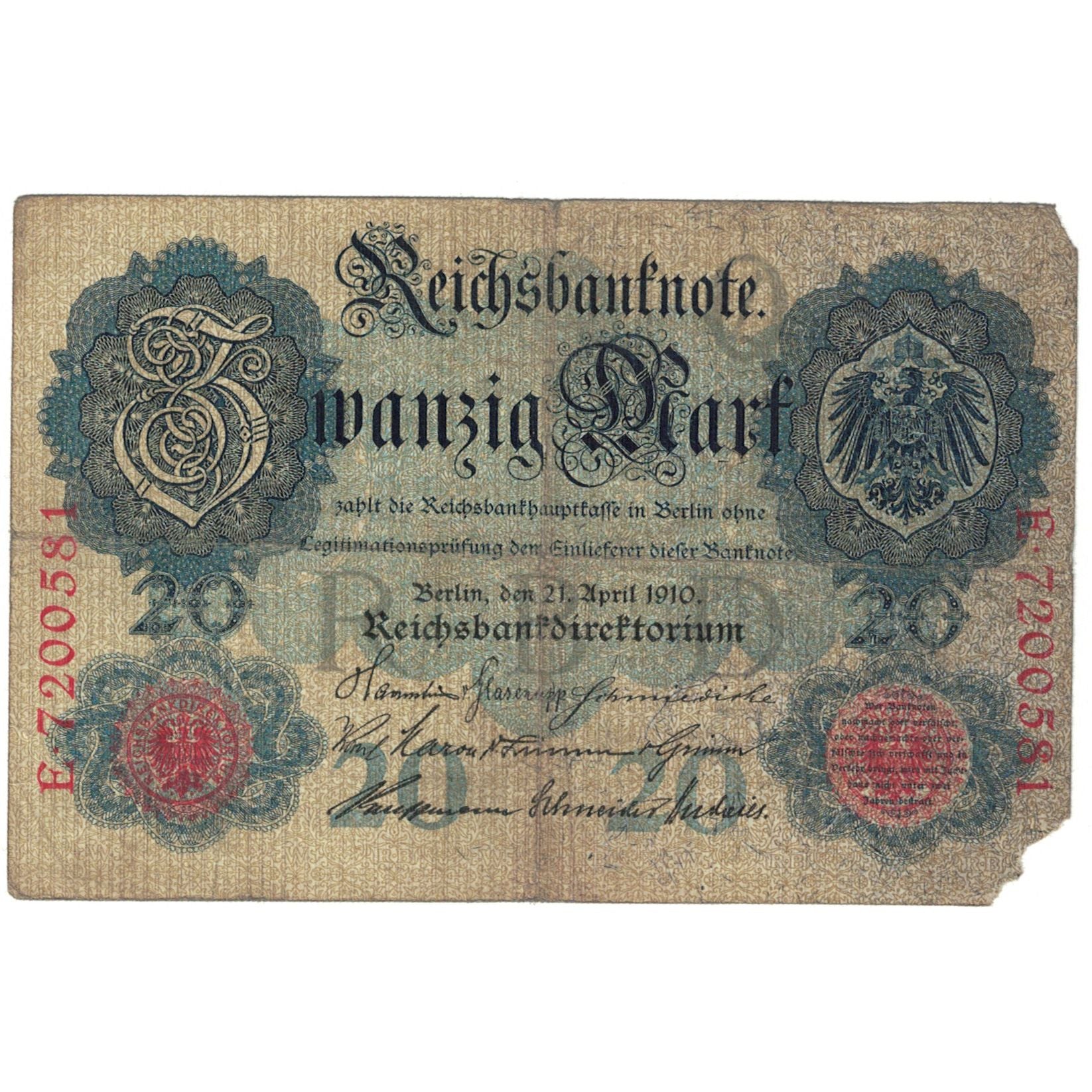Banknote, Germany, 20 Mark, 1910, 1910-04-21, KM:40a, VG(8-10)