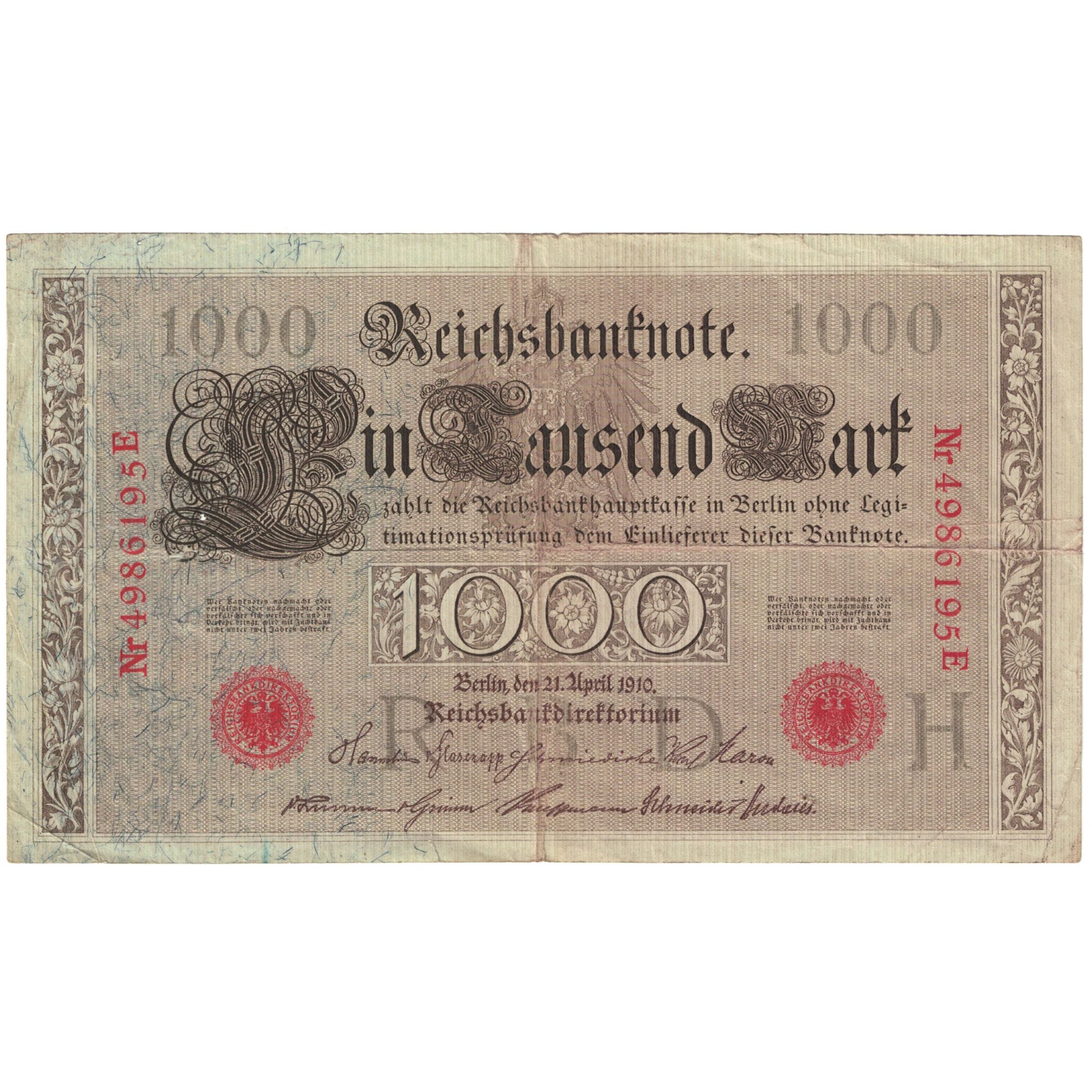 Banknote, Germany, 1000 Mark, 1910, 1910-04-21, KM:44b, VG(8-10)