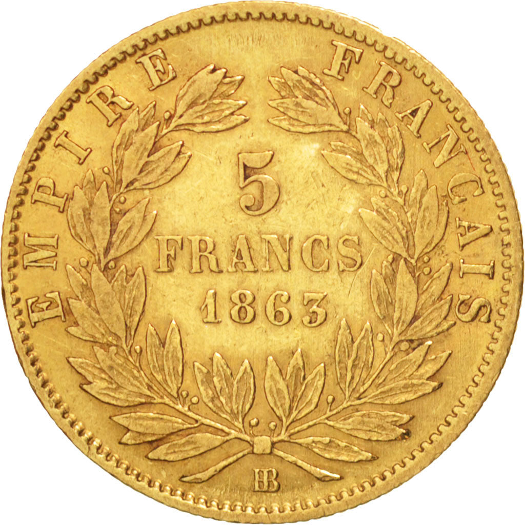 France, Napoleon III, 5 Francs, 1863, Strasbourg, EF(40-45), KM 803.2