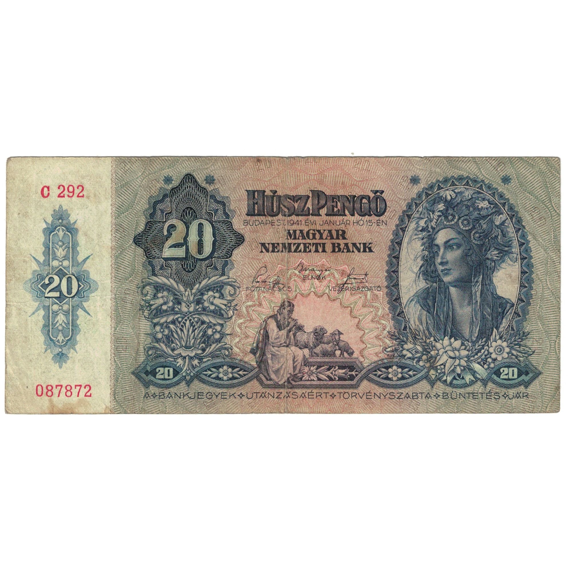 Banknote, Hungary, 20 Pengö, Undated (1941), KM:109, VF(20-25)