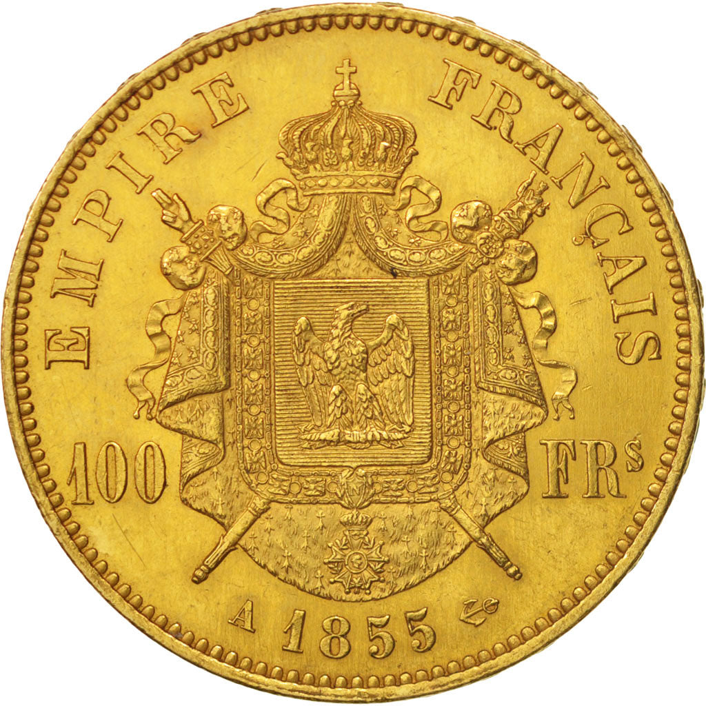 France, Napoleon III, 100 Francs, 1855, Paris, AU(50-53), Gold, KM 786.1