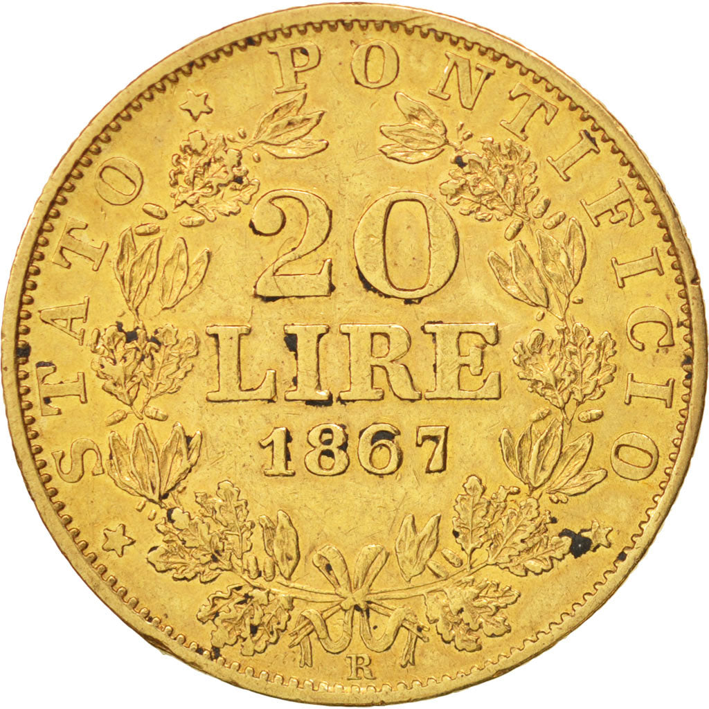 ITALIAN STATES, PAPAL STATES, Pius IX, 20 Lire, 1867, Roma, EF(40-45), KM 1382.3
