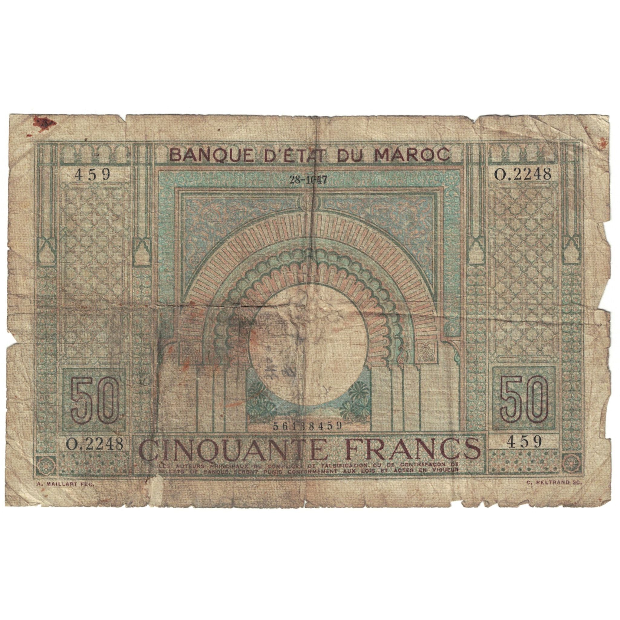 Banknote, Morocco, 50 Francs, 1945, 1945-03-01, KM:21, AG(1-3)