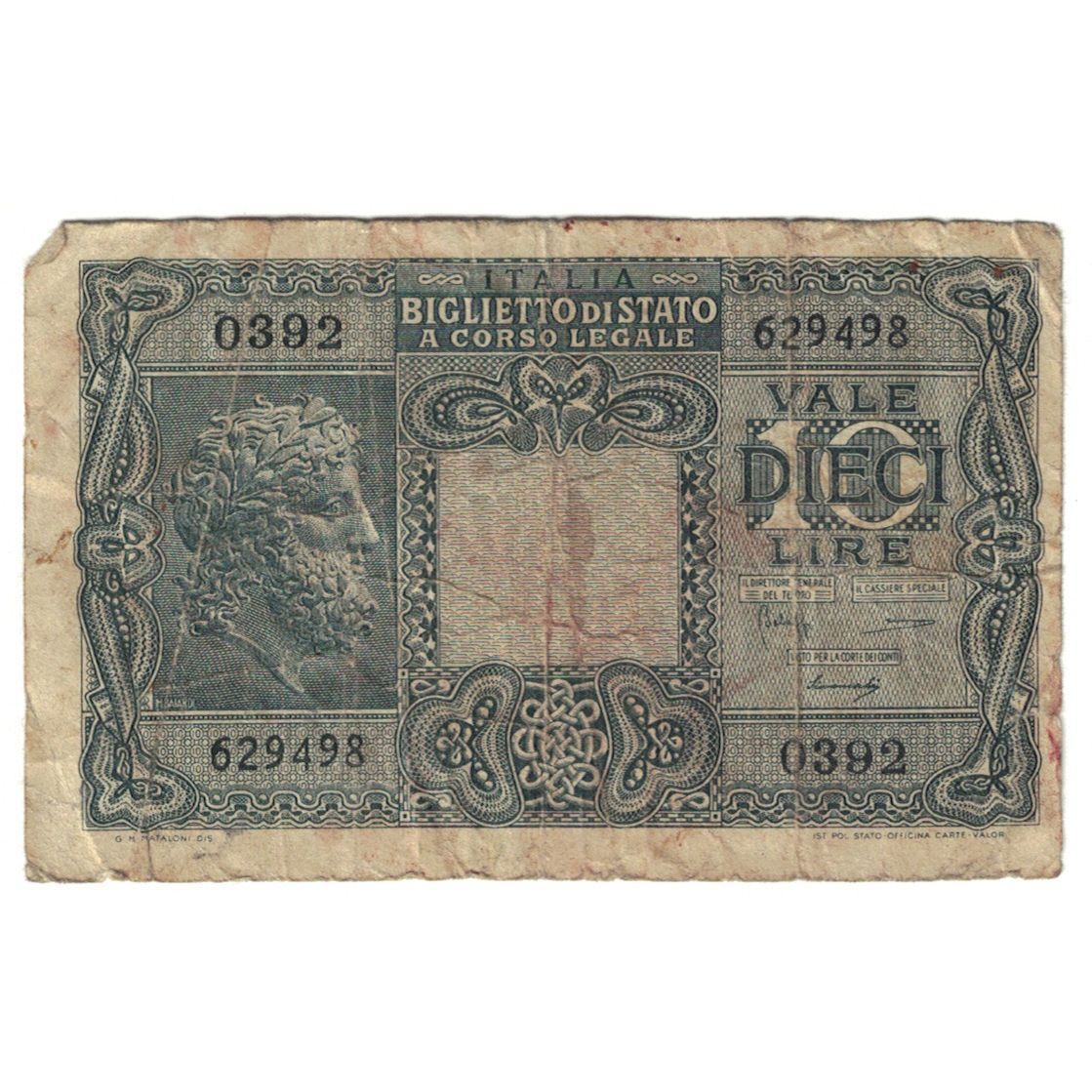 Banknote, Italy, 10 Lire, KM:32a, VG(8-10)