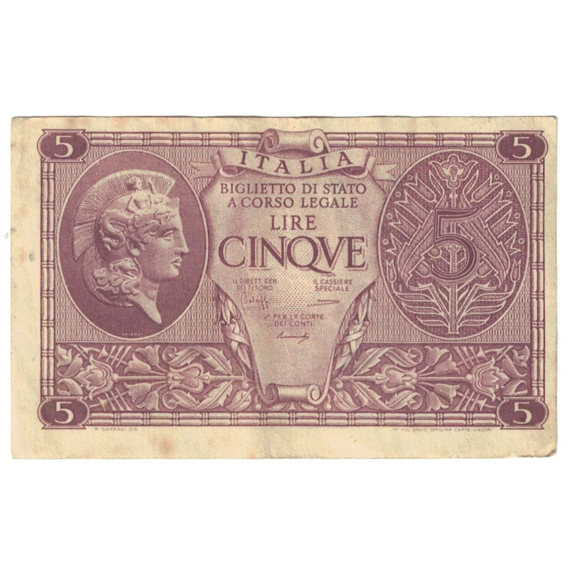 Banknote, Italy, 5 Lire, 1944, 1944-11-23, KM:31c, AU(55-58)