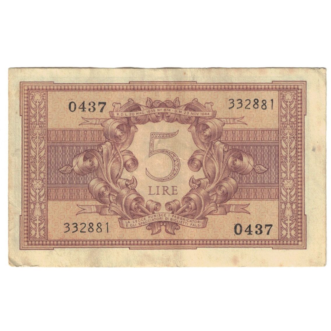 Banknote, Italy, 5 Lire, 1944, 1944-11-23, KM:31c, AU(55-58)