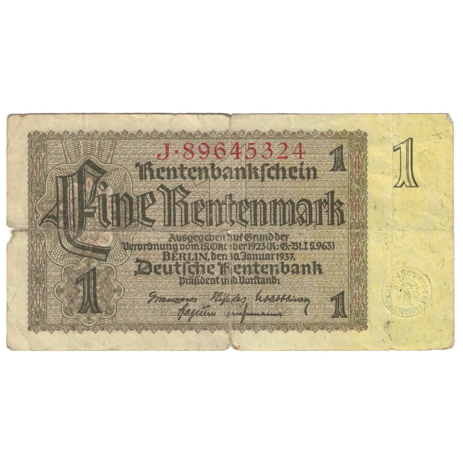 Banknote, Germany, 1 Rentenmark, 1937, 1937-01-30, KM:173b, VF(20-25)