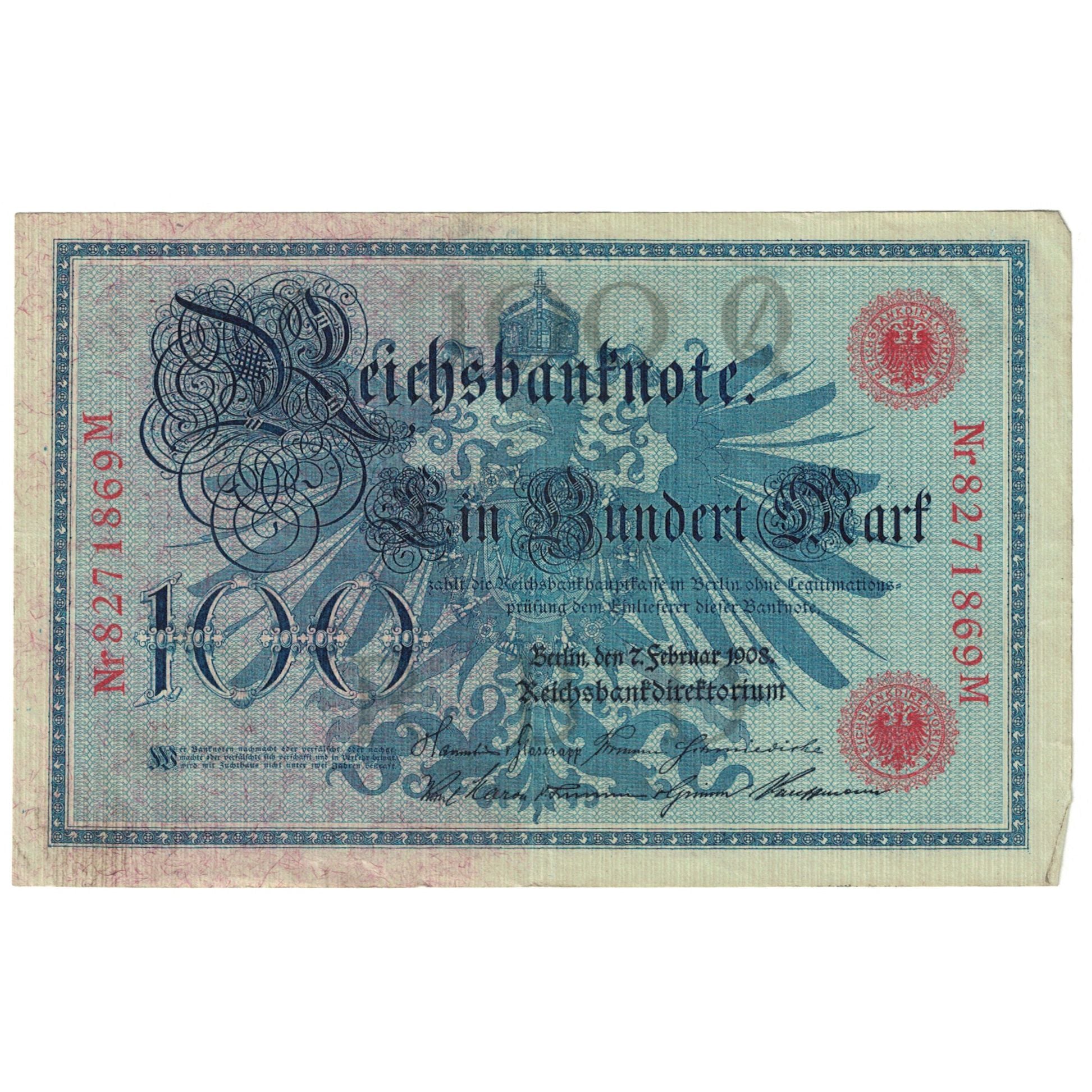 Banknote, Germany, 100 Mark, 1908, 1908-02-07, KM:33a, AU(55-58)