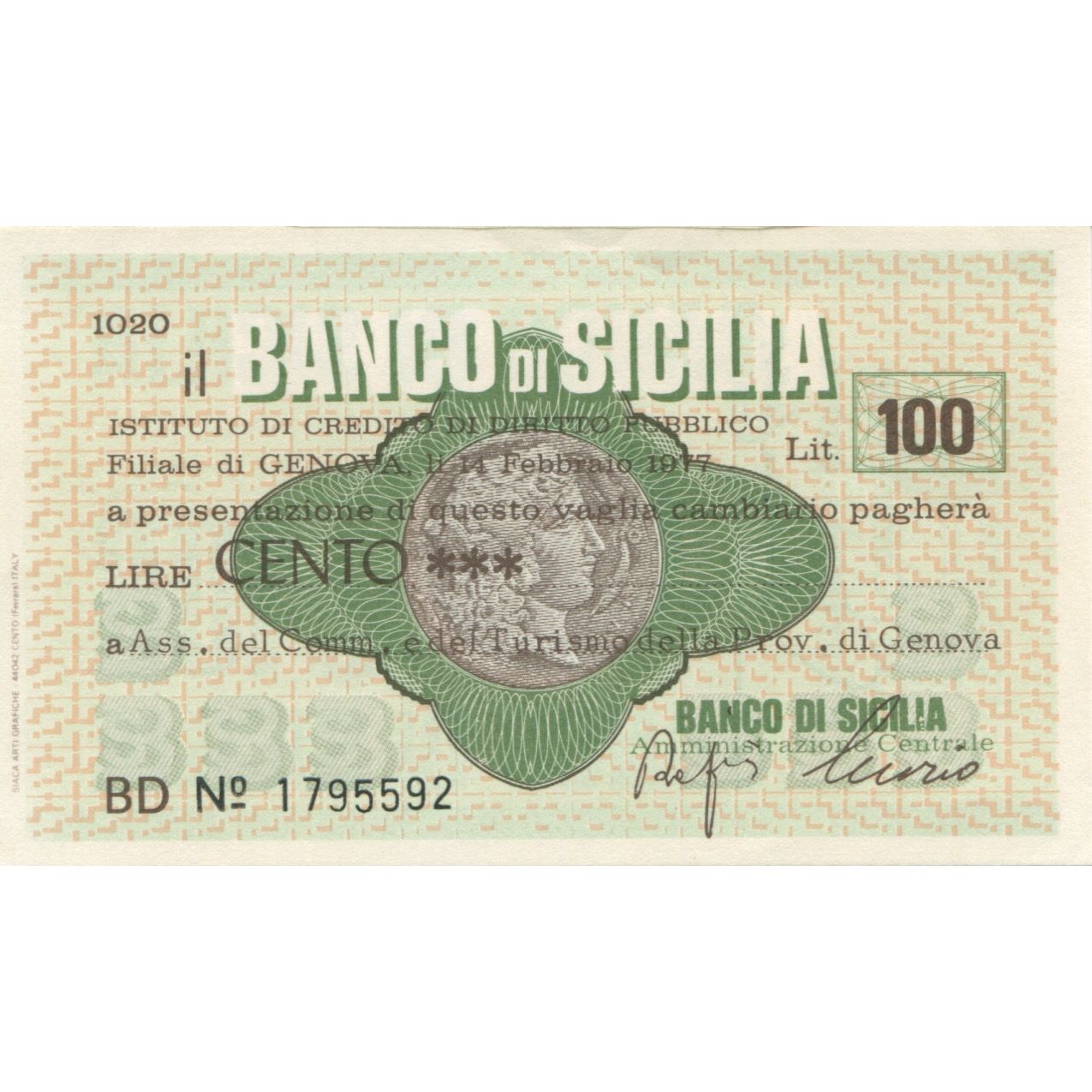 Banconote, Italia, 100 Lire, 1977, 1977-02-14, Florence, FDS