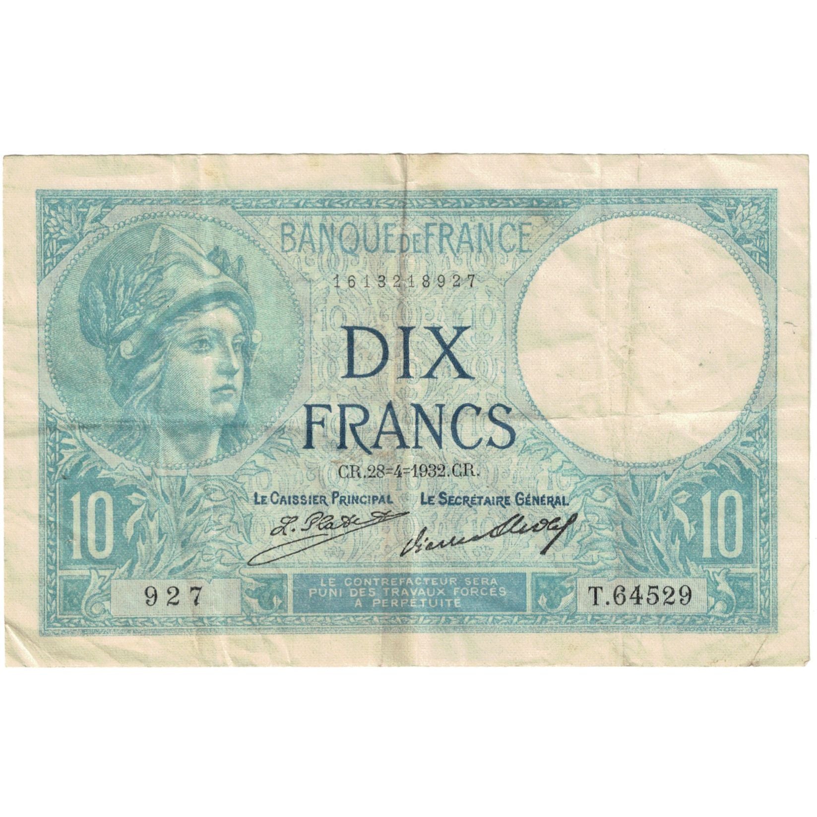 França, 10 Francs, Minerve, 1932, T.64529, VF(30-35), Fayette:6.16, KM:84