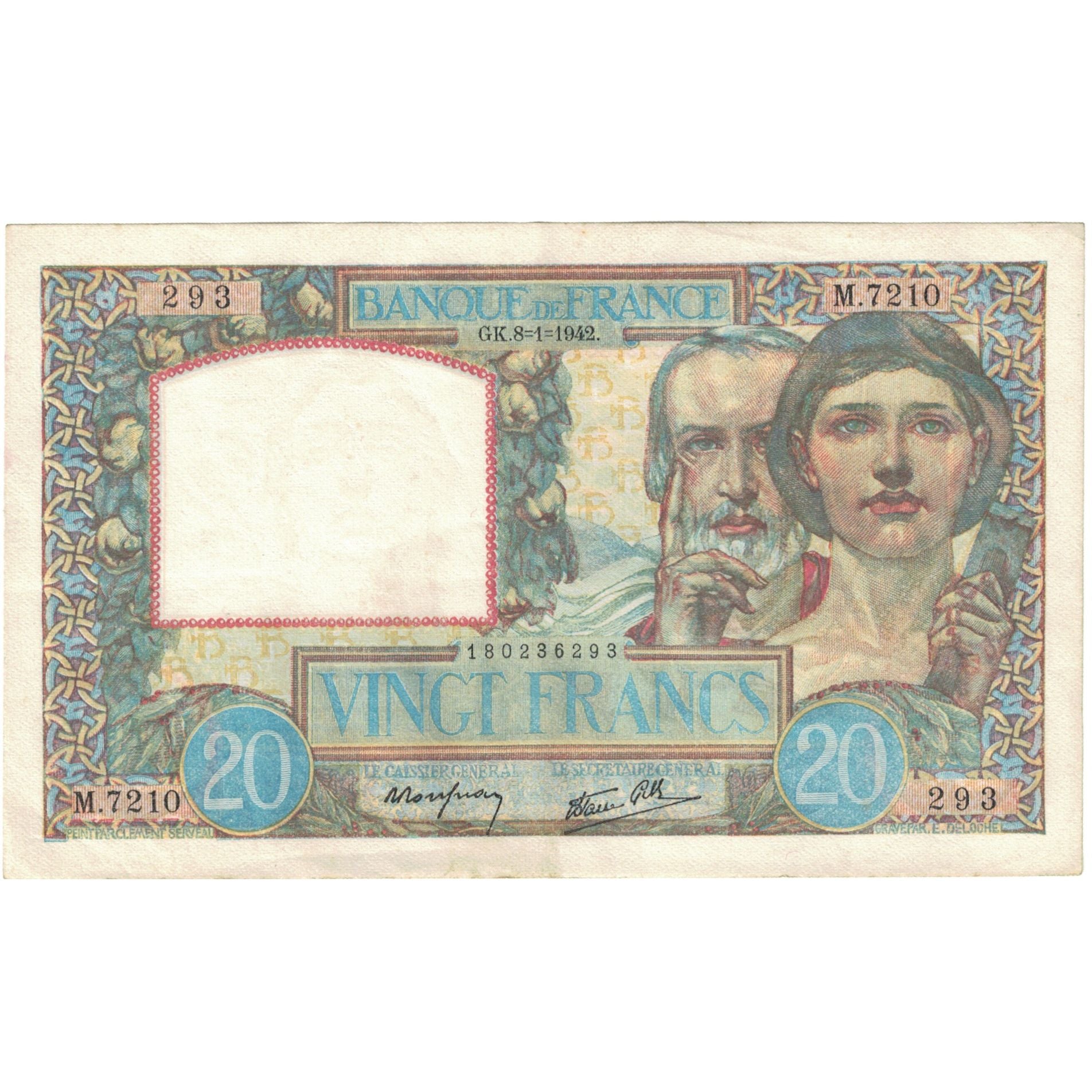 França, 20 Francs, Science et Travail, 1942, M.7210, AU(55-58), Fayette:12.16