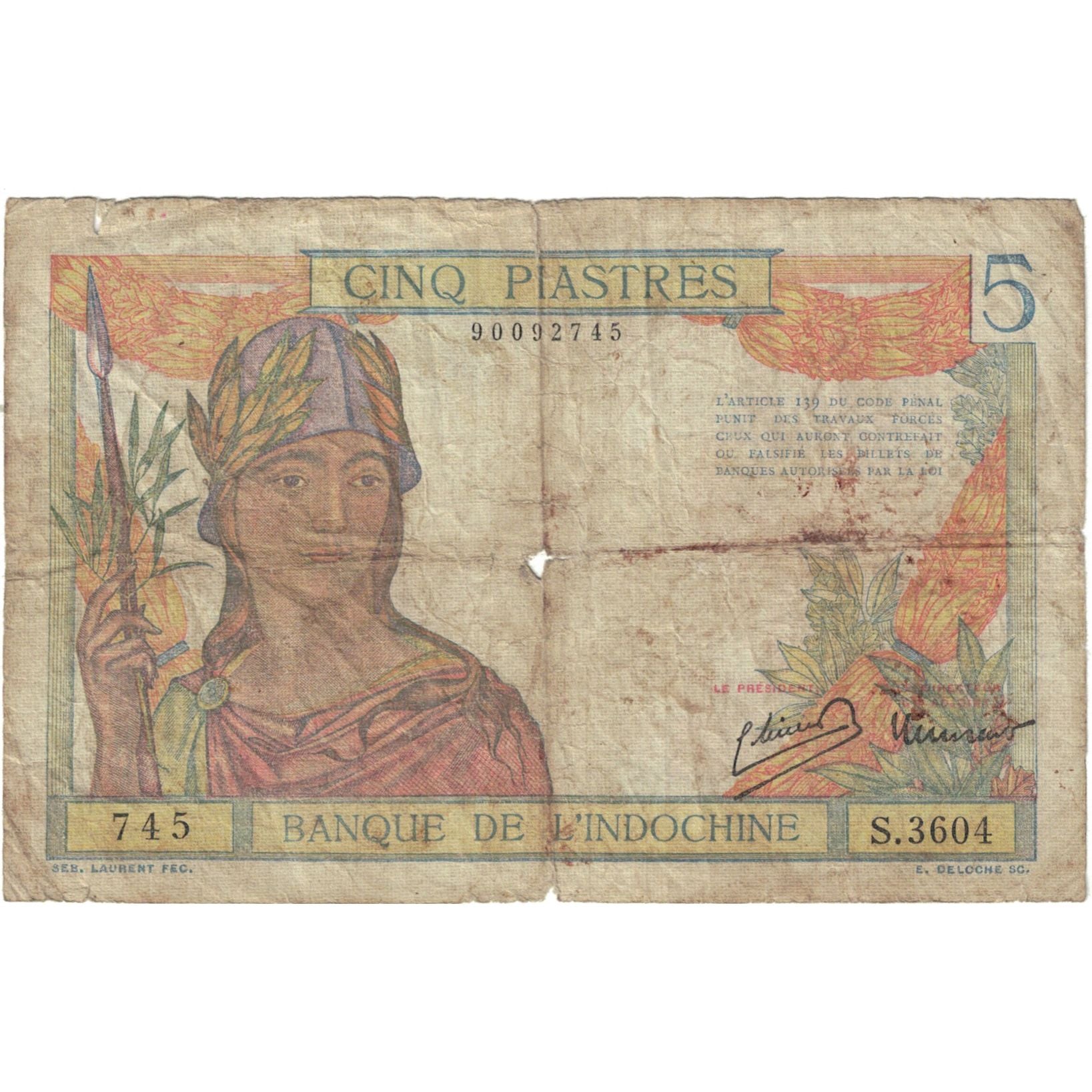 Banconote, INDOCINA FRANCESE, 5 Piastres, 1946, KM:55c, B
