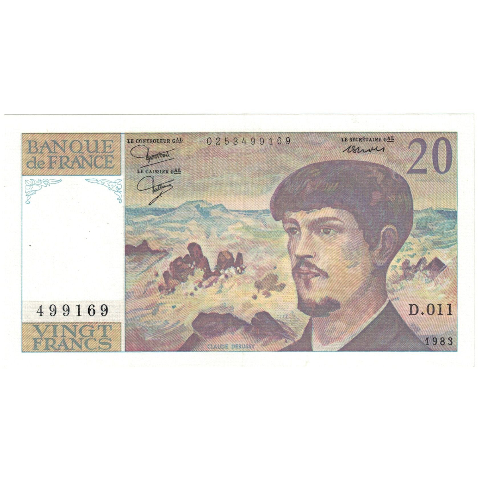 France, 20 Francs, Debussy, 1981, D.011 499169, UNC(64), Fayette:66.2, KM:151a