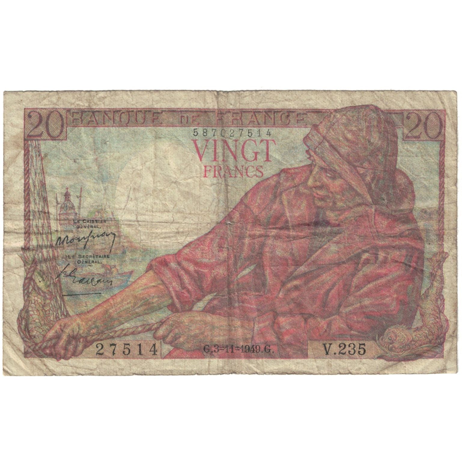 Frankrijk, 20 Francs, Pêcheur, 1949, V.235, B, Fayette:13.13, KM:100c