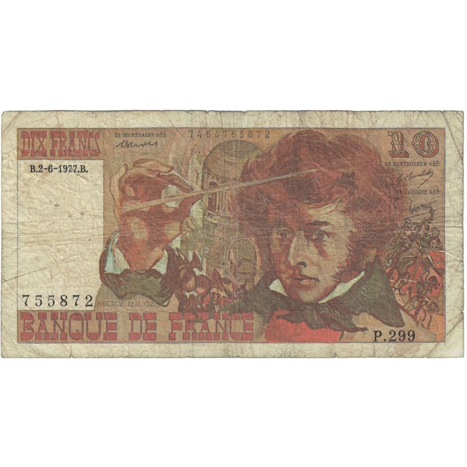 France, 10 Francs, Berlioz, 1977, P.299 755872, VG(8-10), Fayette:63.18, KM:150c