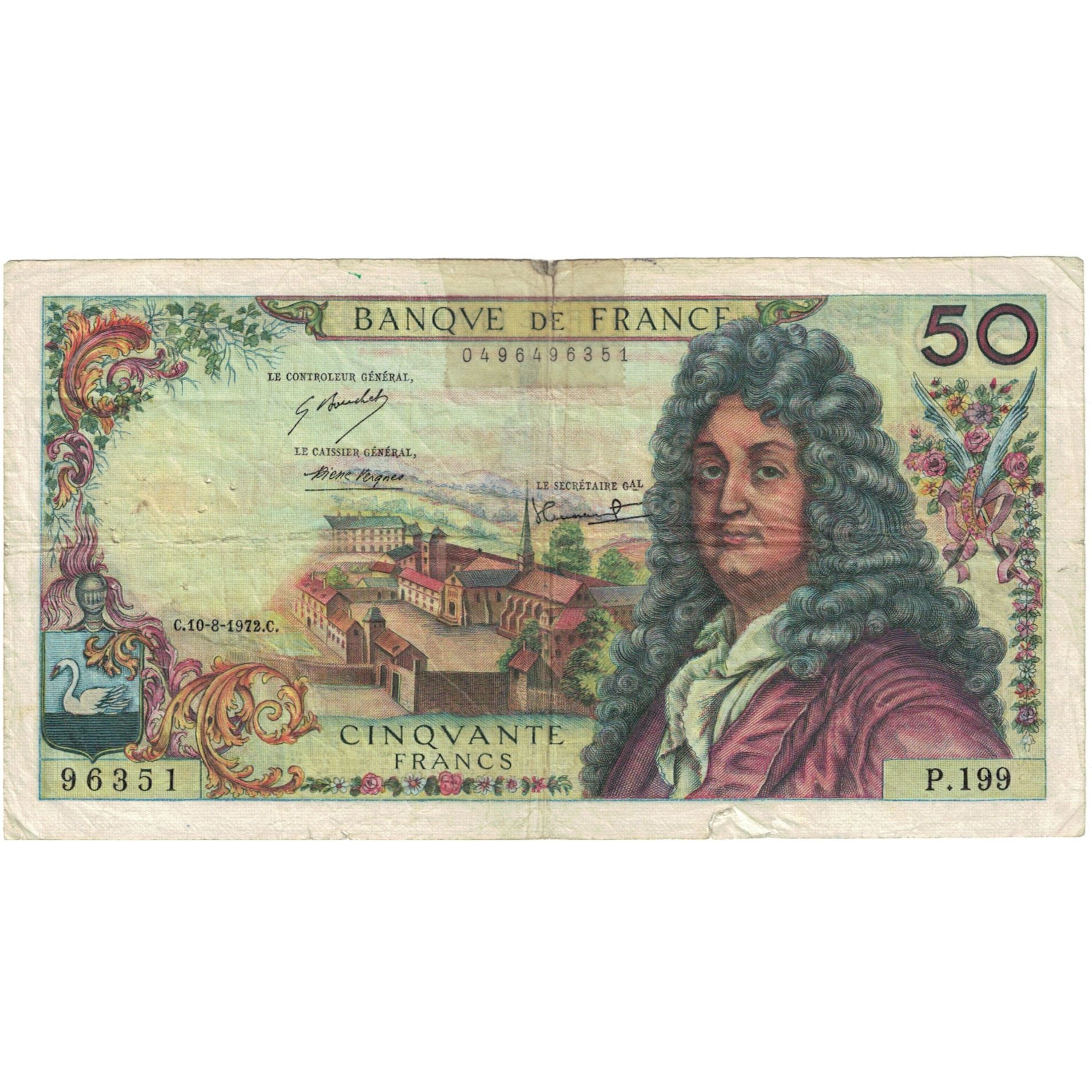 France, 50 Francs, Racine, 1972, P.199 96351, VG(8-10), Fayette:64.16, KM:148c