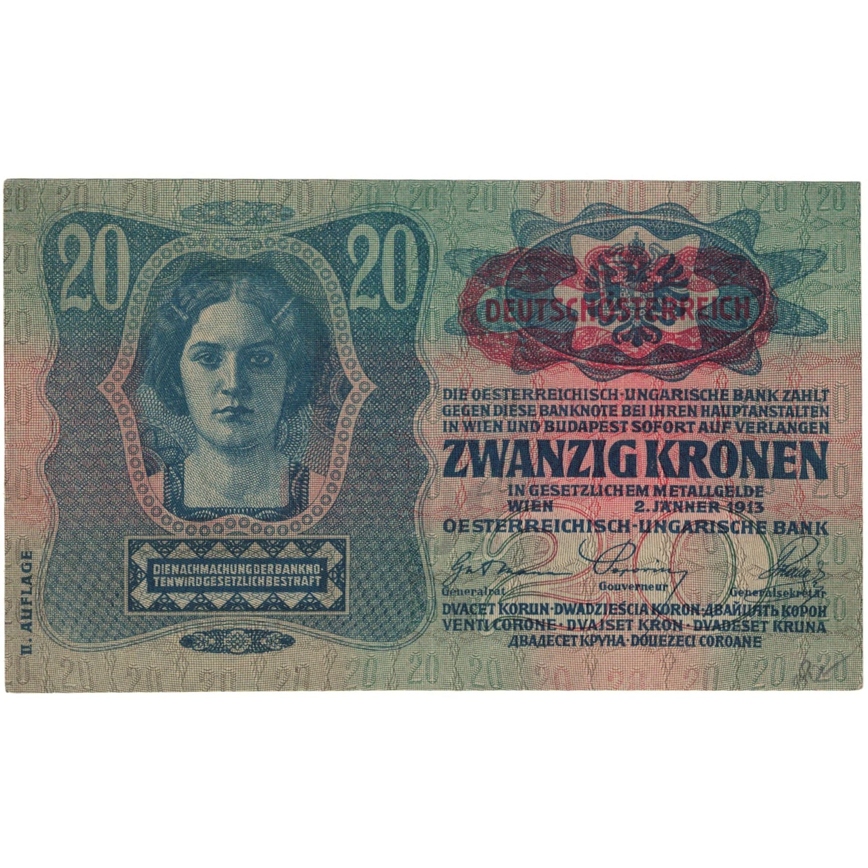 Banknote, Austria, 20 Kronen, 1913, 1913-01-02, KM:14, AU(55-58)