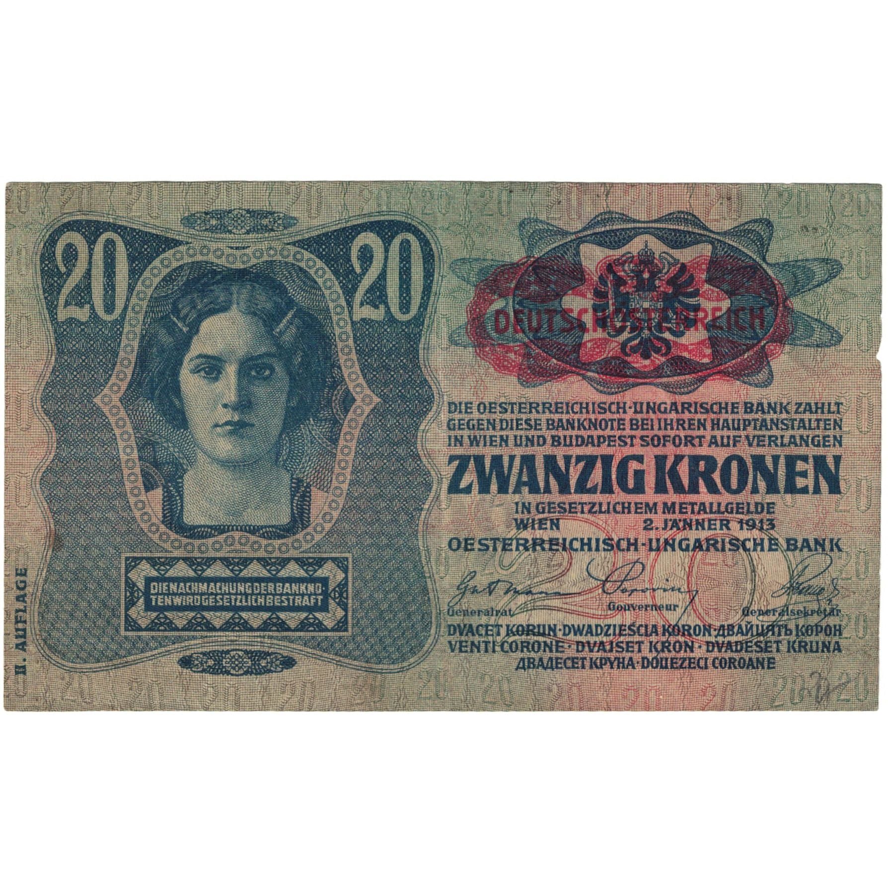 Banknote, Austria, 20 Kronen, 1913, 1913-01-02, KM:14, EF(40-45)