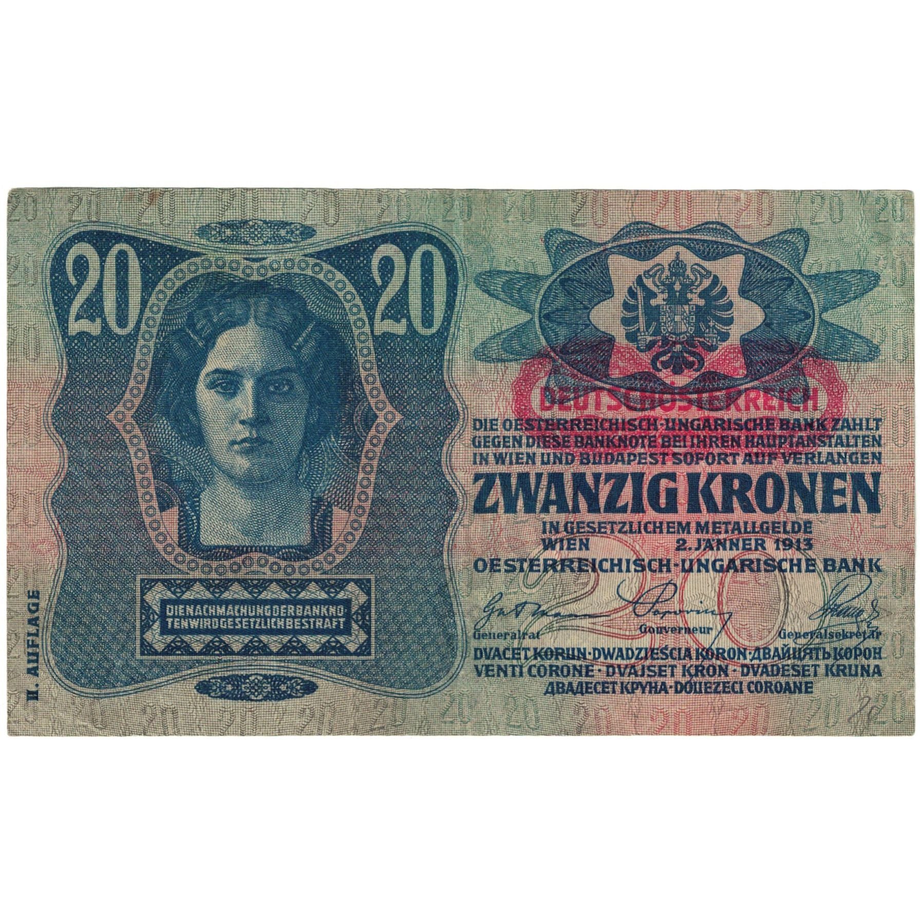 Banknote, Austria, 20 Kronen, 1913, 1913-01-02, KM:14, EF(40-45)