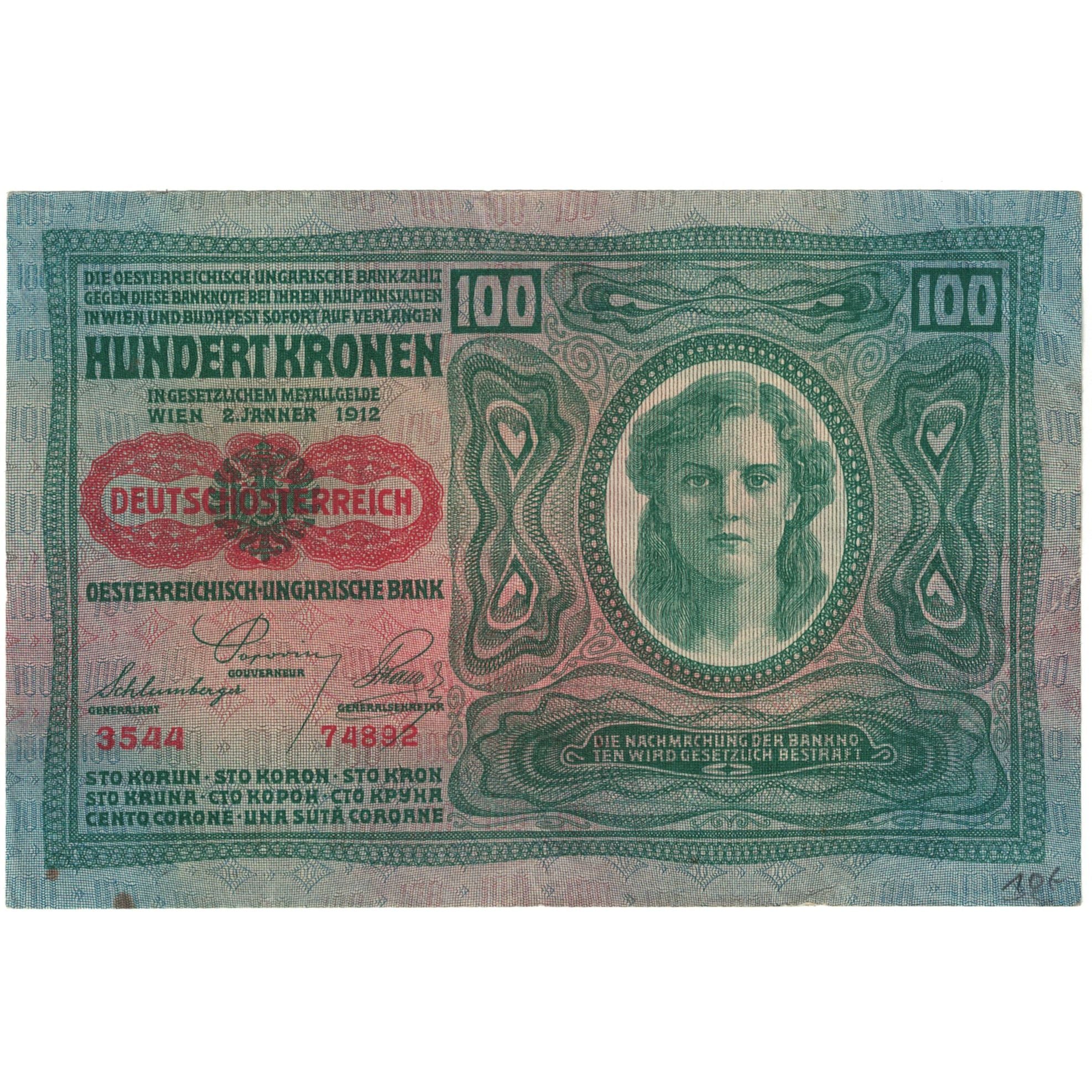 Billet, Autriche, 100 Kronen, 1912, 1912-01-02, KM:12, TB
