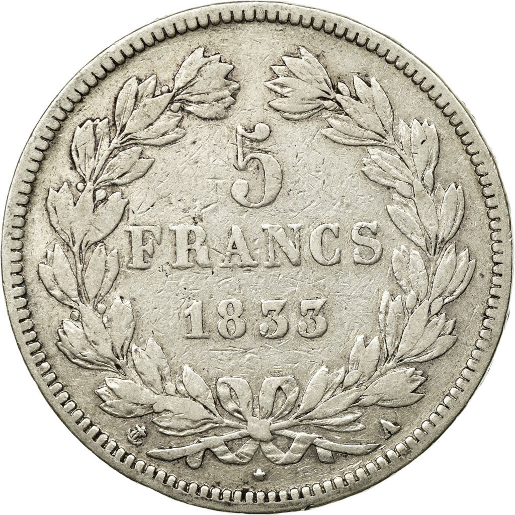 Moneta, Francia, Louis-Philippe, 5 Francs, 1833, Paris, MB, Argento, KM:749.1