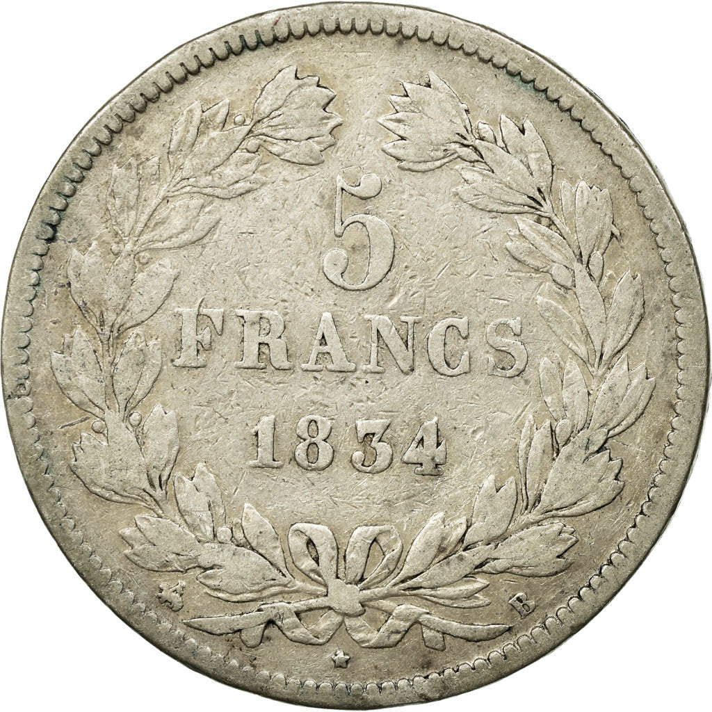 Moneta, Francia, Louis-Philippe, 5 Francs, 1834, Rouen, MB, Argento, KM:749.2