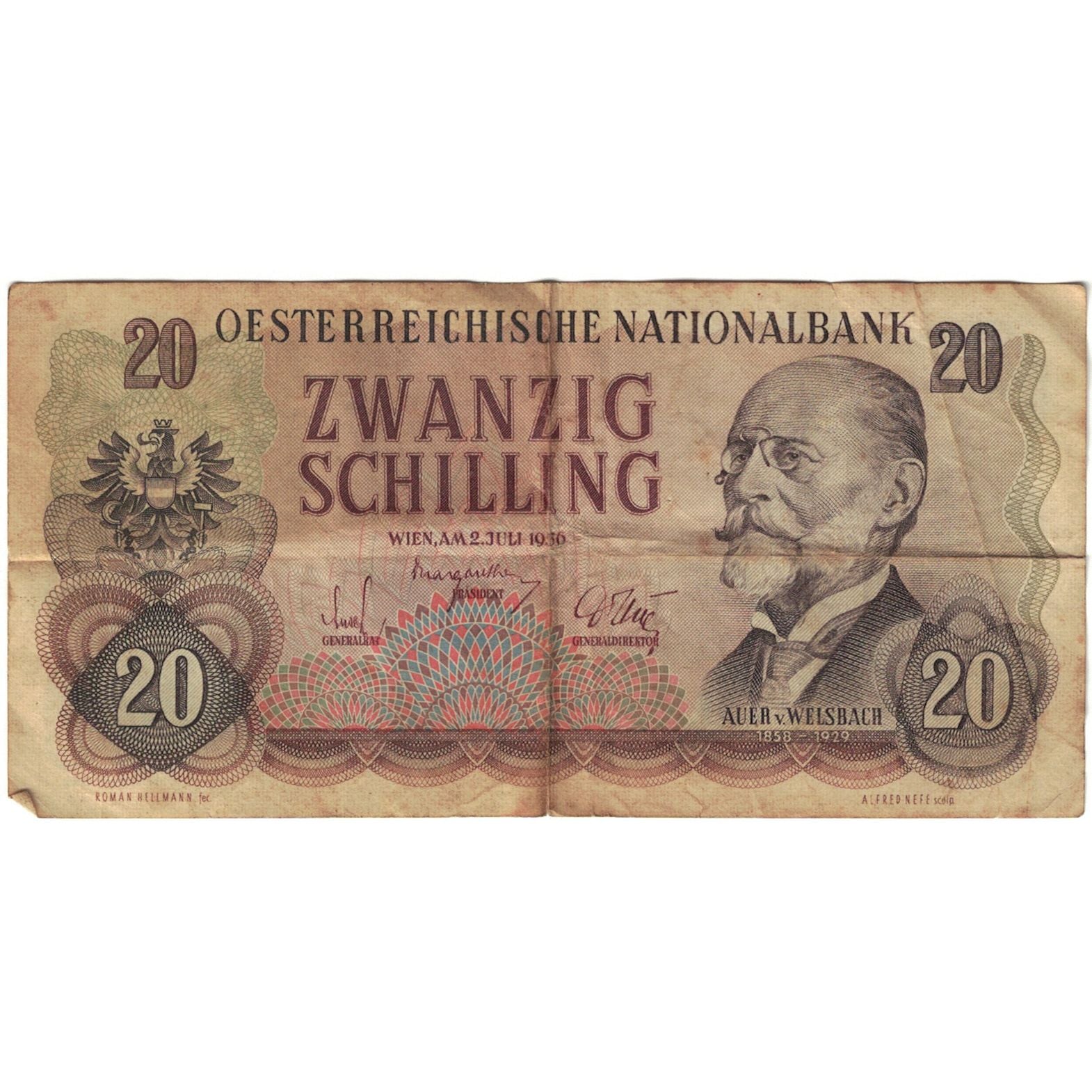 Banknote, Austria, 20 Schilling, 1956, 1956-07-02, KM:136a, VF(20-25)