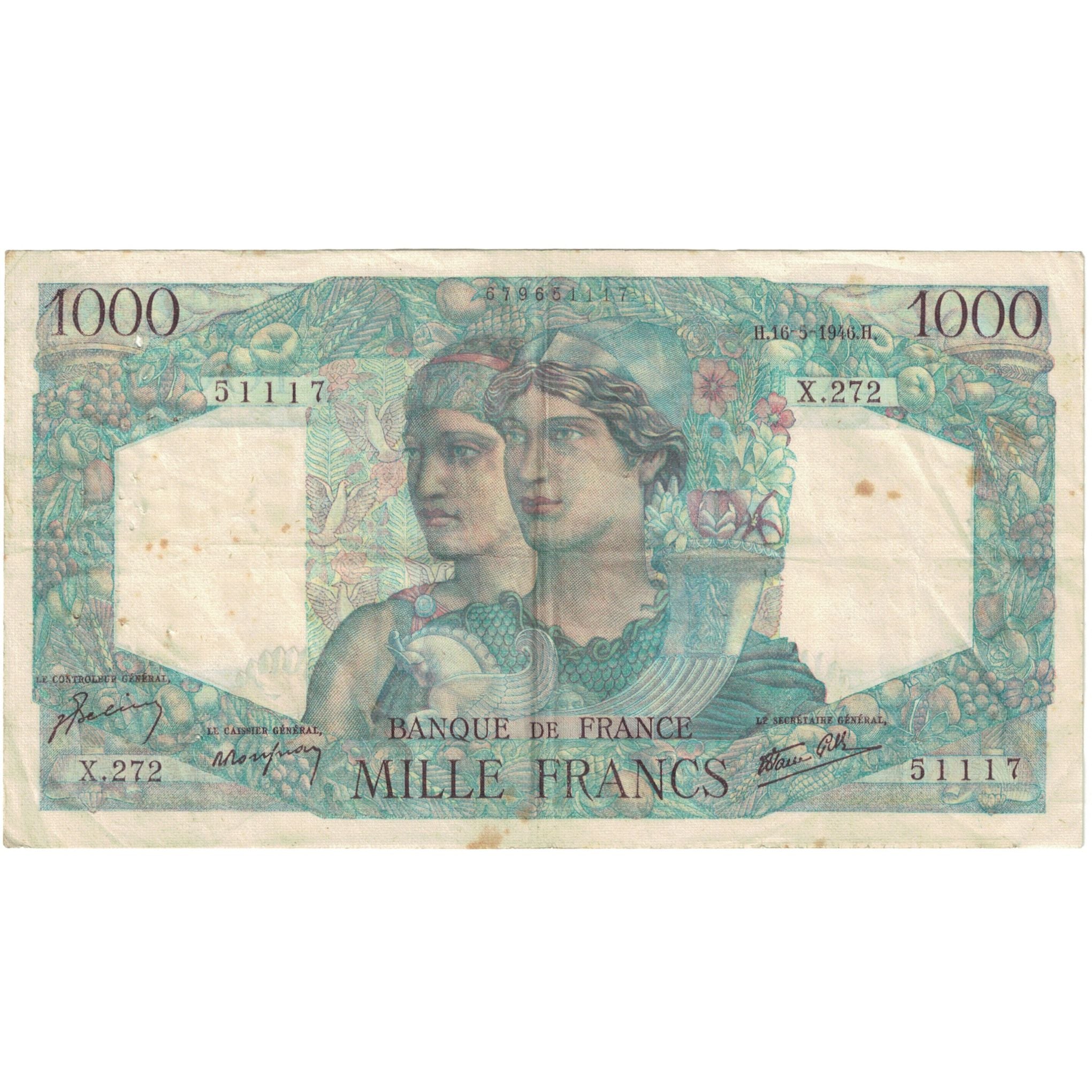 France, 1000 Francs, Minerve et Hercule, 1946, 51117 X.272, VF(20-25)