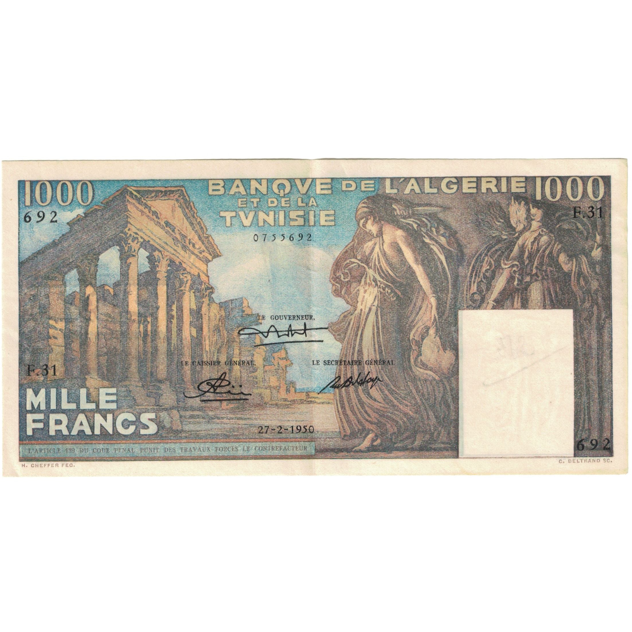 Banknote, Tunisia, 1000 Francs, 1950, 1950-02-27, KM:29a, AU(55-58)