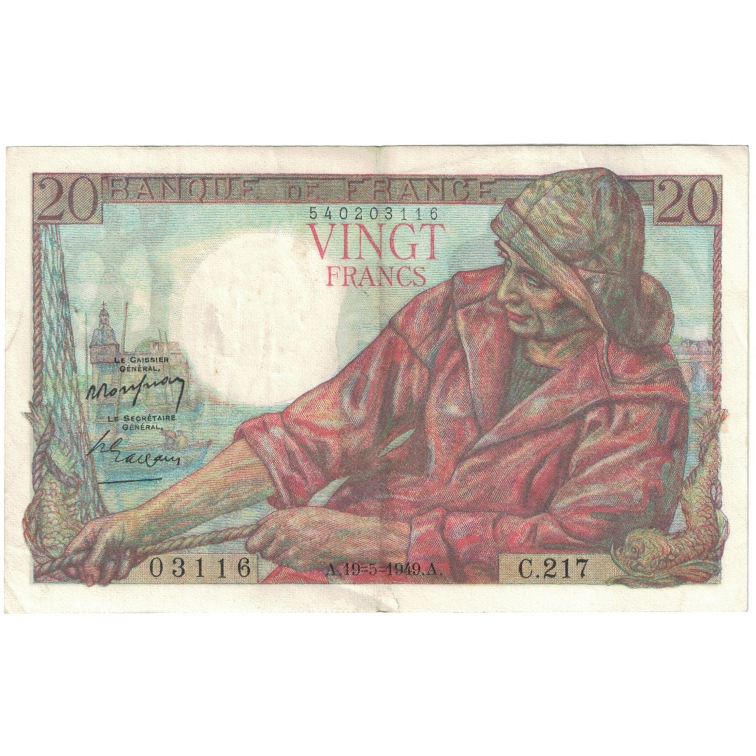 France, 20 Francs, Pêcheur, 1949, 03116 C.217, AU(55-58), Fayette:13.15