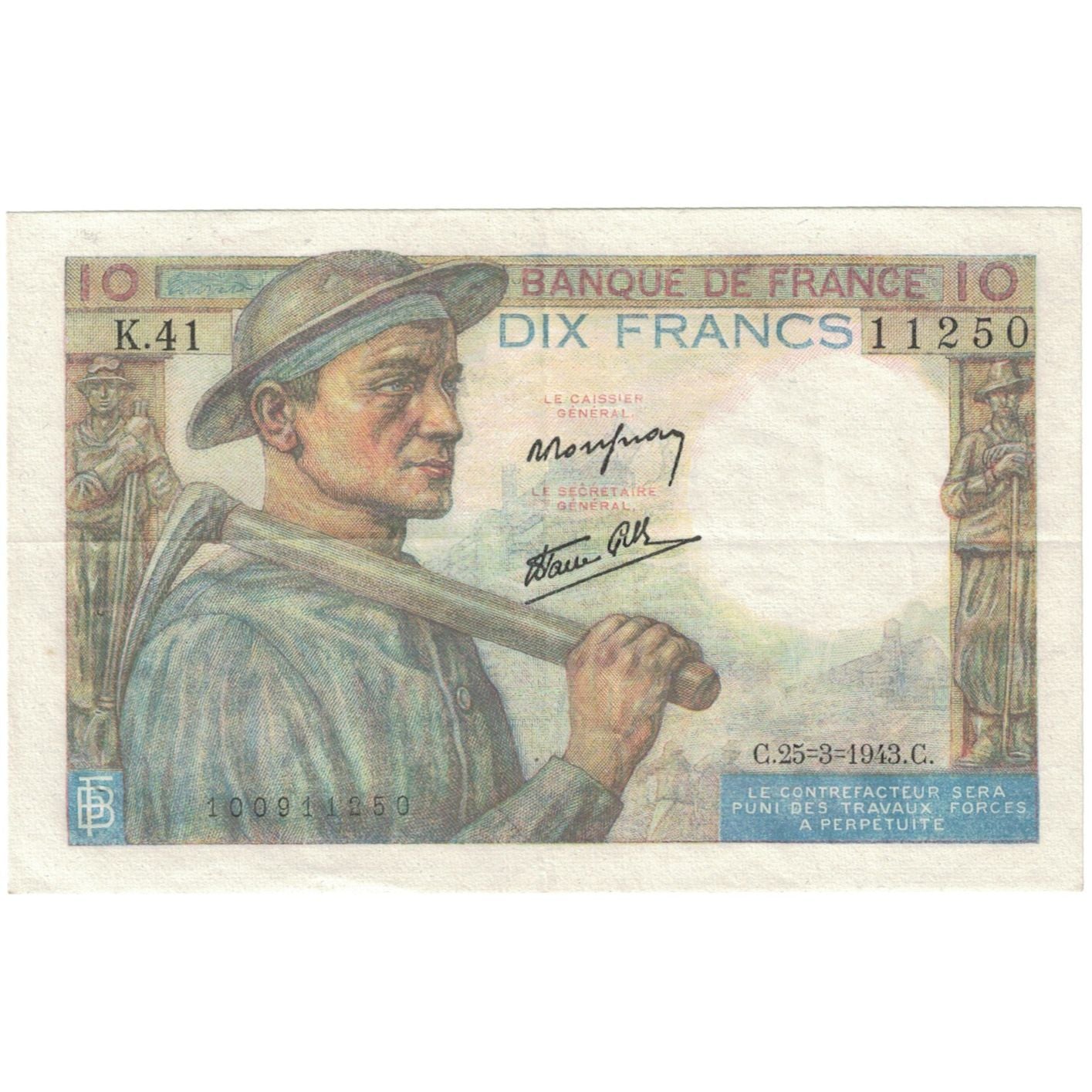 França, 10 Francs, Mineur, K.41 11250, AU(55-58), Fayette:8.8, KM:99e