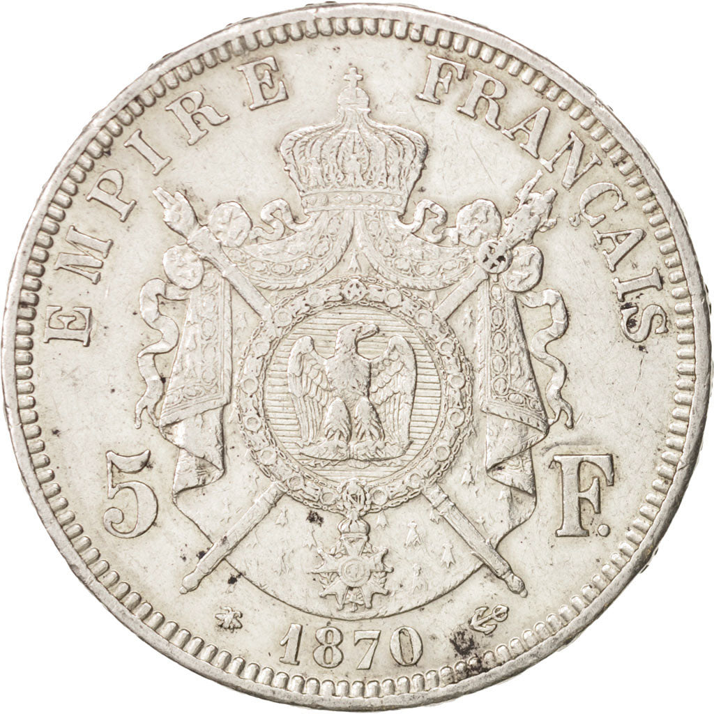 France, Napoleon III, 5 Francs, 1870, Paris, AU(50-53), Silver, KM 799.1