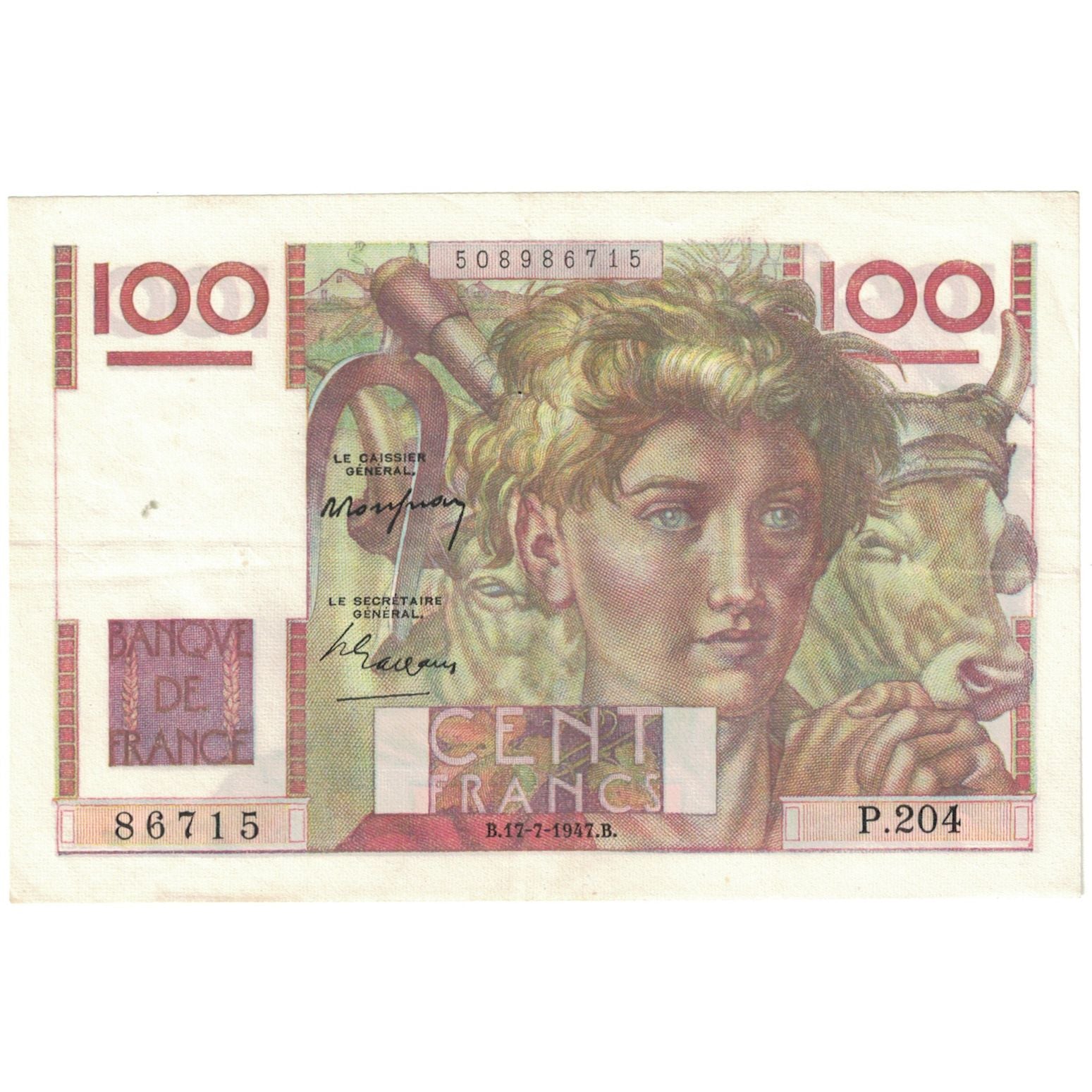 France, 100 Francs, Jeune Paysan, 1947, 86715 P.204, UNC(65-70), Fayette:28.15