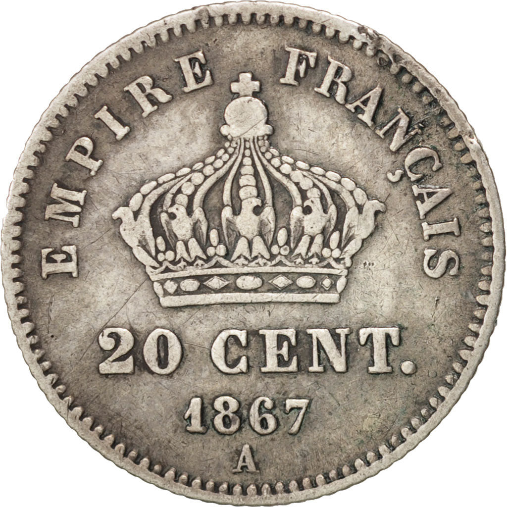 France, Napoleon III, 20 Centimes, 1867, Paris, VF(20-25), KM 808.1