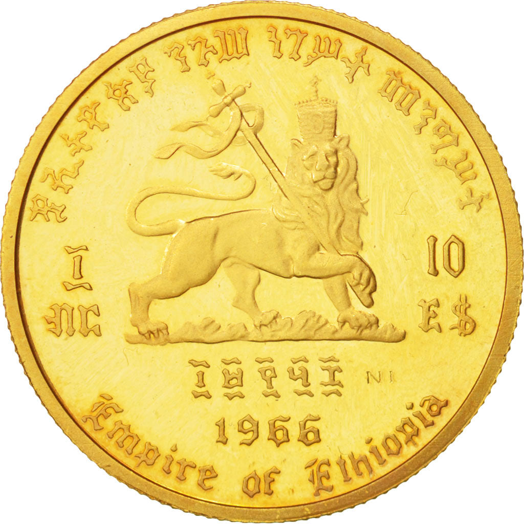 Ethiopia, Haile Selassie, 10 Dollars, 1966, MS(63), Gold, KM:38